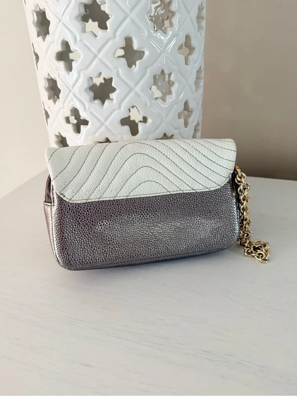 Henri Bendel Pebbled Leather Flap Clutch with Wristlet Chain
